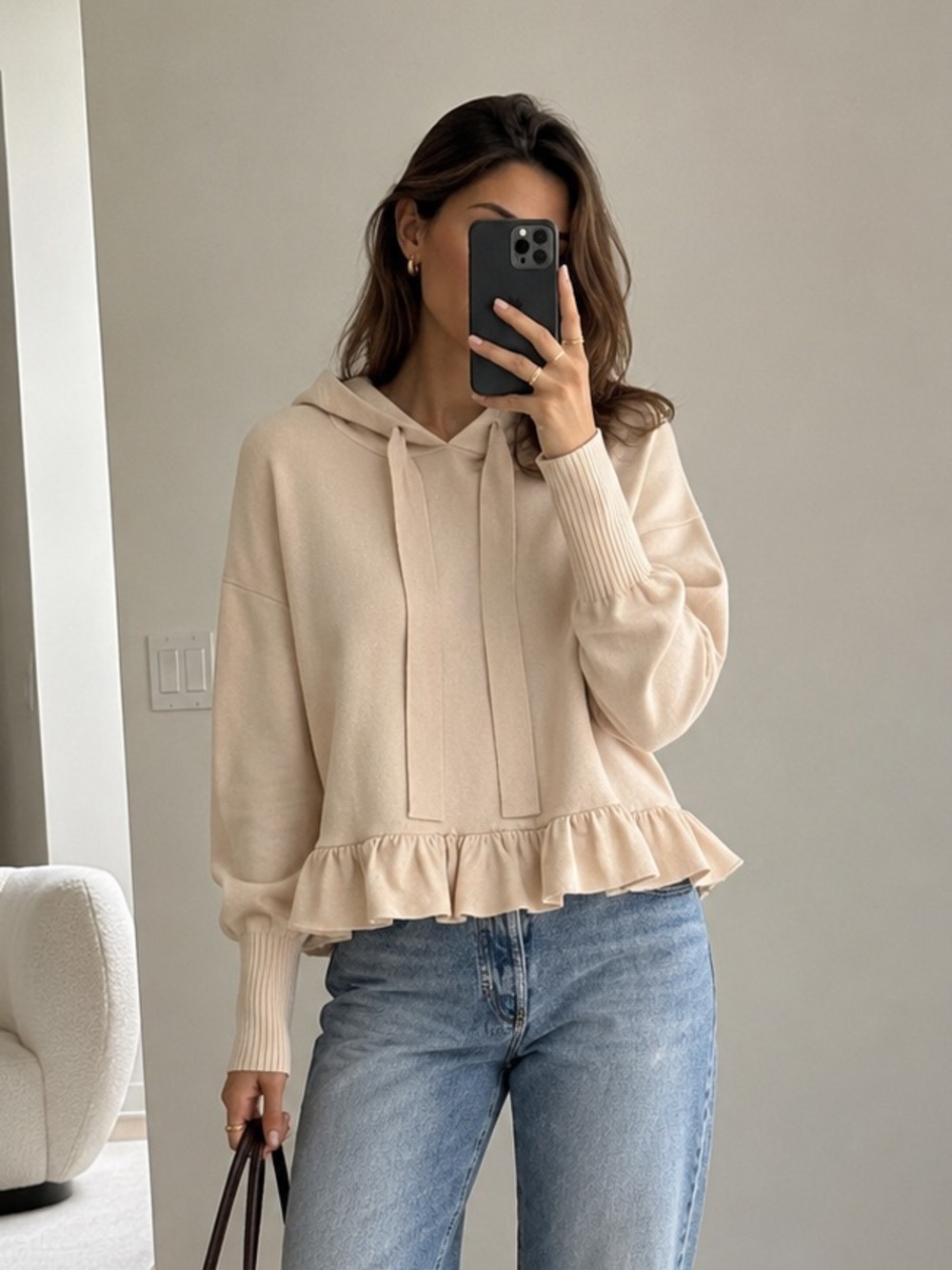Zara Ruffle Hem Knit Hoodie Beige Cream Oversized Pullover Sweater Size S